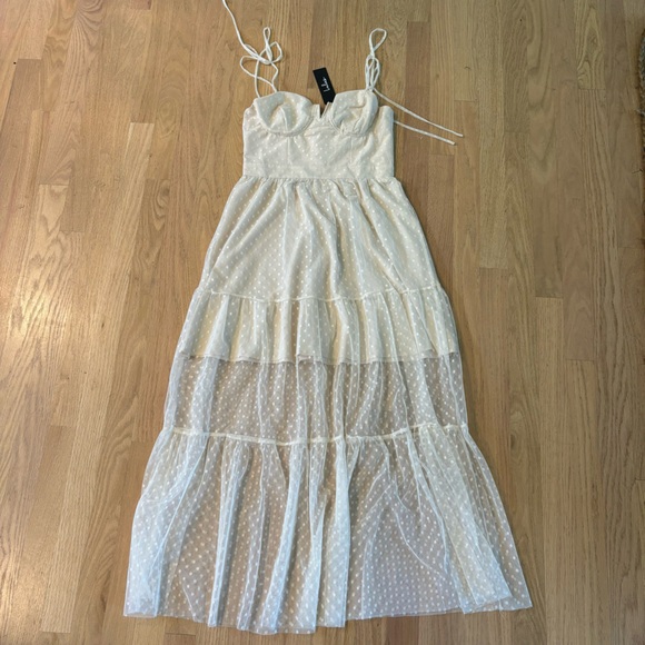 New Lulu’s Romantic Spot Cream Polka Dot Mesh Tiered Midi Dress - Picture 3 of 6